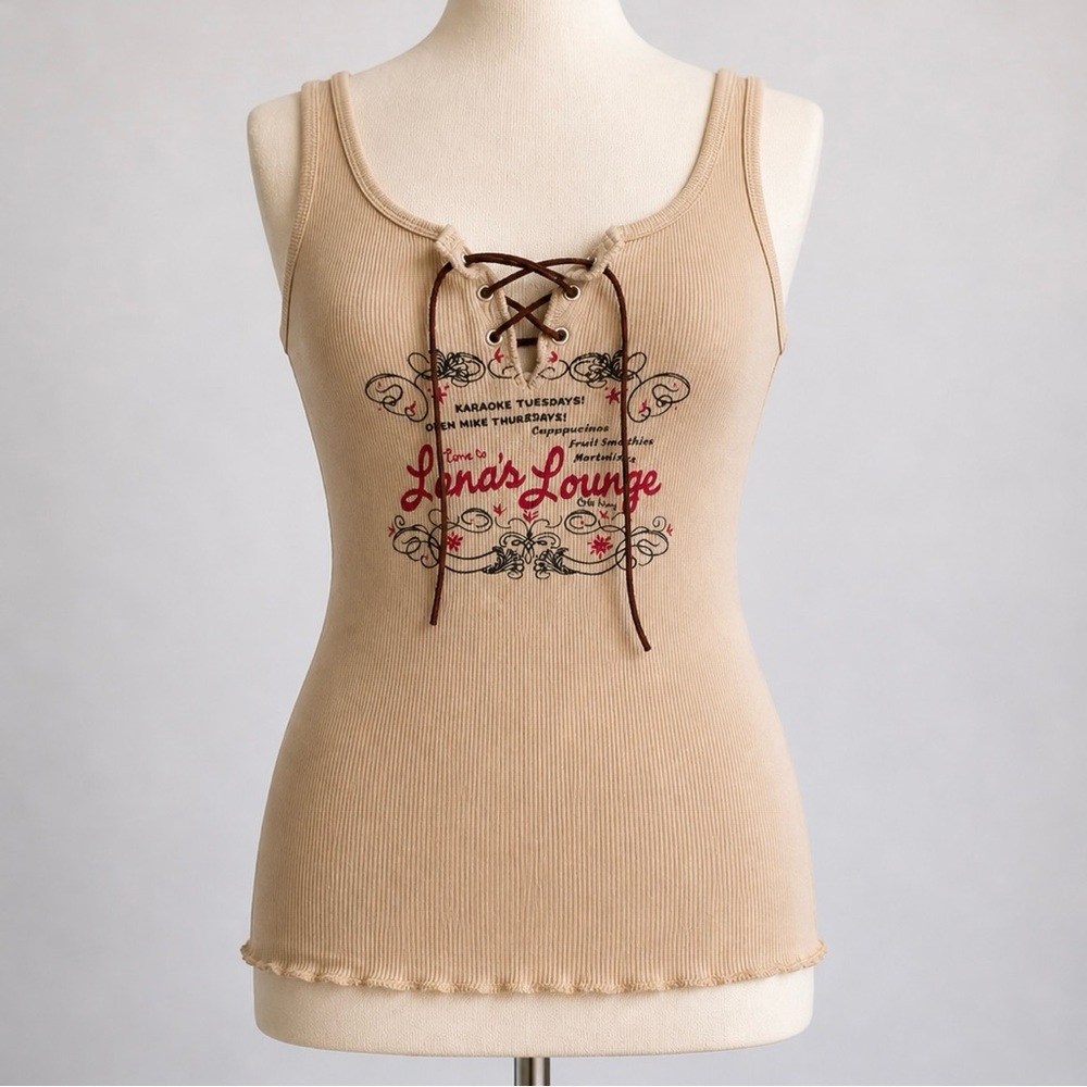 Y2K Graphic Babydoll Tank, Ribbed, Lace-up, IndieSleaze, Dive Bar Vintage, XS